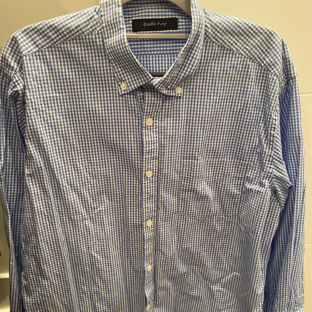 Light Blue and White Checkered Button Up Dress Shirt